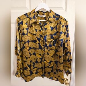 Jordan Vintage Navy and Gold Button Front Greek Columns Blouse Size 15/16